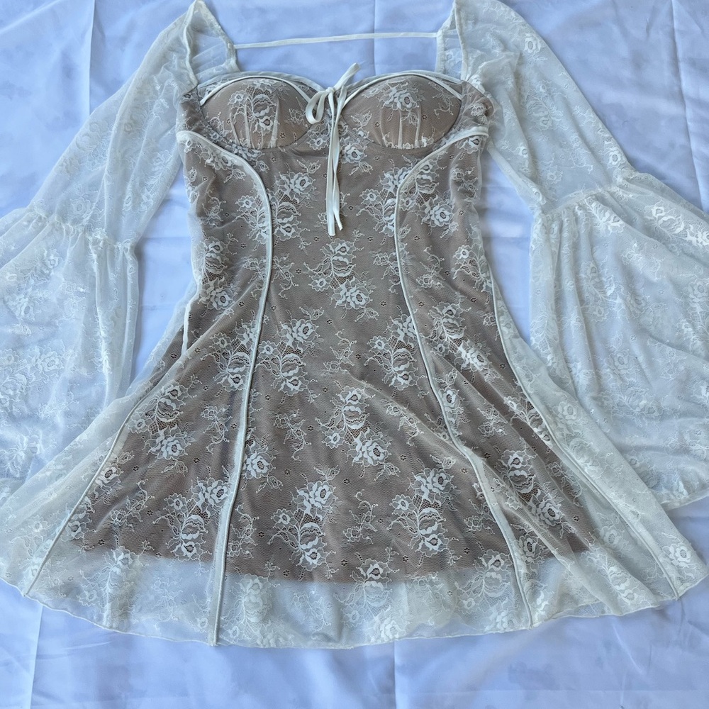 Fashion Nova Cream and Tan Lace Mini Dress